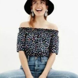 J Crew Off-the-shoulder Cotton Blouse in Navy Blue Ratti Happy Cat Print size 6